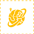 A yellow icon of a brain with orbiting rings and an arrow.