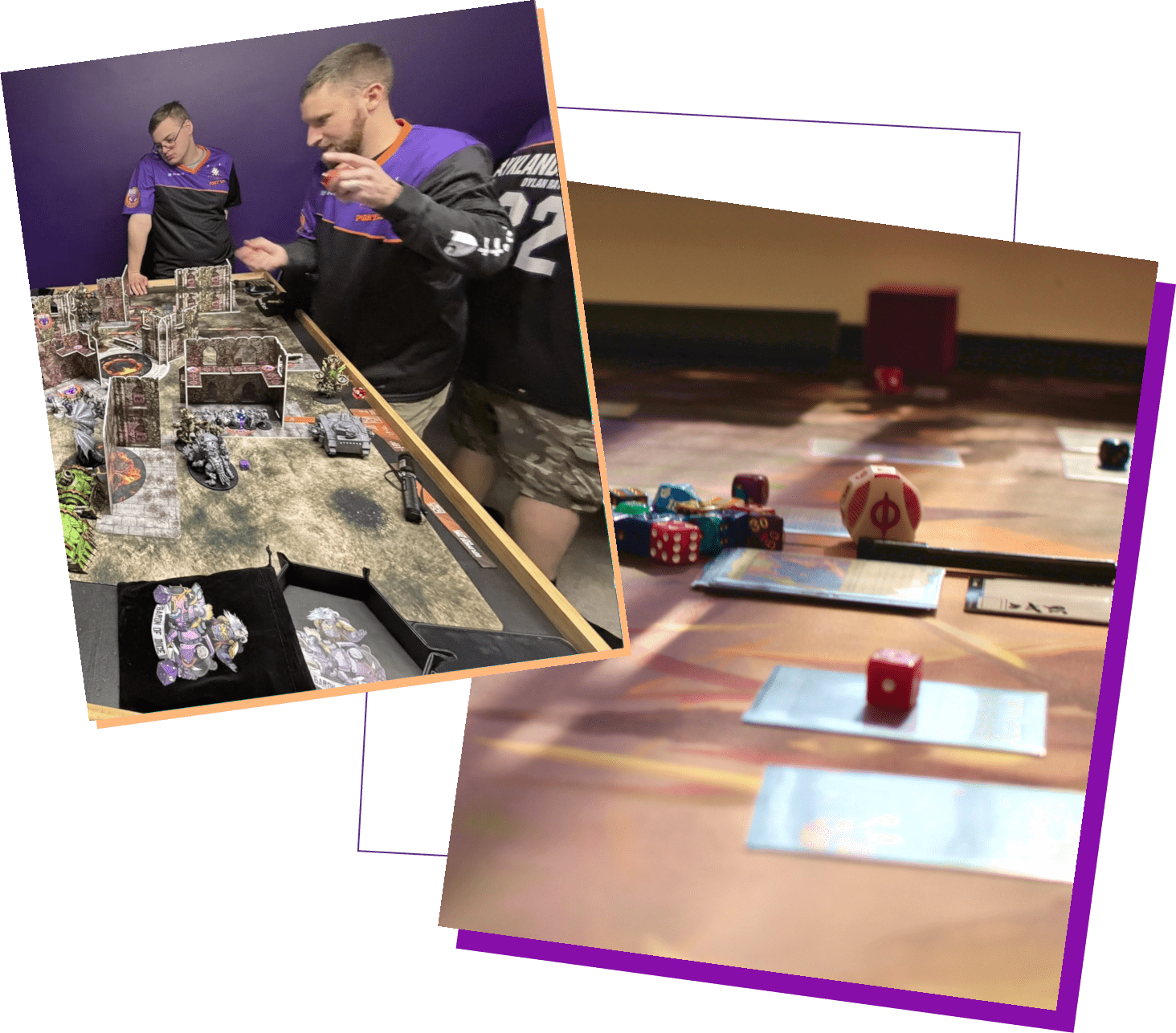 People playing a tabletop game with dice and figurines.