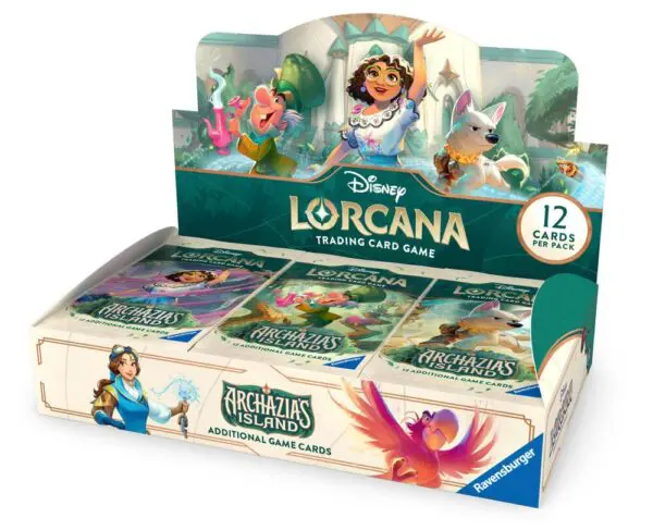 Display box of Disney Lorcana trading cards featuring colorful character art.