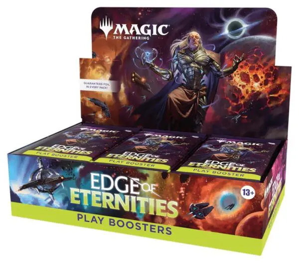 Magic: The Gathering Edge of Eternity play boosters box with fantasy artwork.