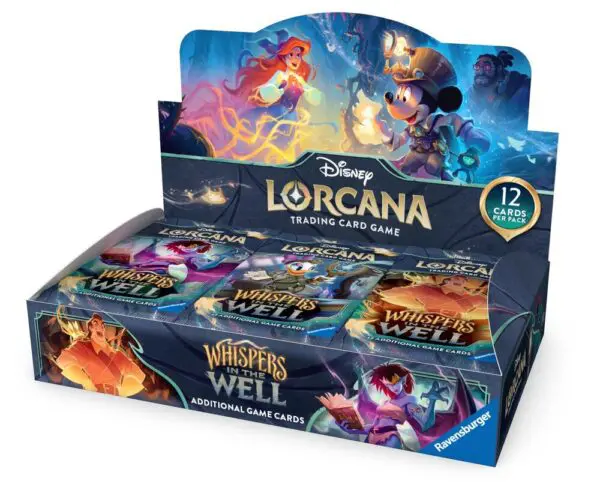 Display box of Disney Lorcana trading cards featuring vibrant fantasy artwork.