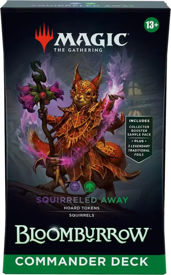 A fantasy squirrel warrior in detailed armor with a staff and glowing effects.