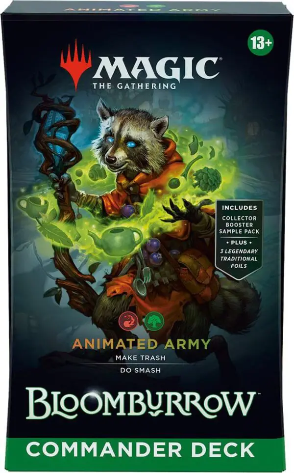A raccoon warrior wields a glowing sword amidst vibrant, mystical orbs in a fantasy setting.