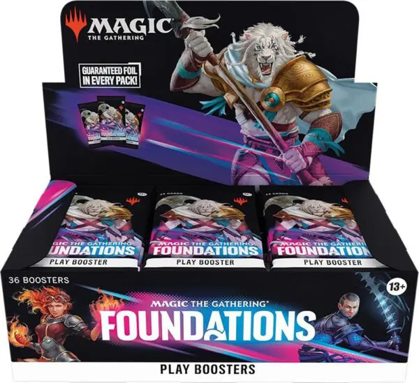 Magic: The Gathering Foundations Flip Boosters display box with vibrant fantasy artwork.