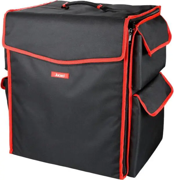 Black insulated cooler bag with red trim and multiple pockets.