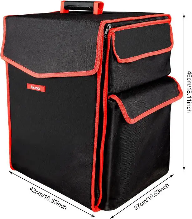 Black and red insulated delivery bag with multiple compartments.
