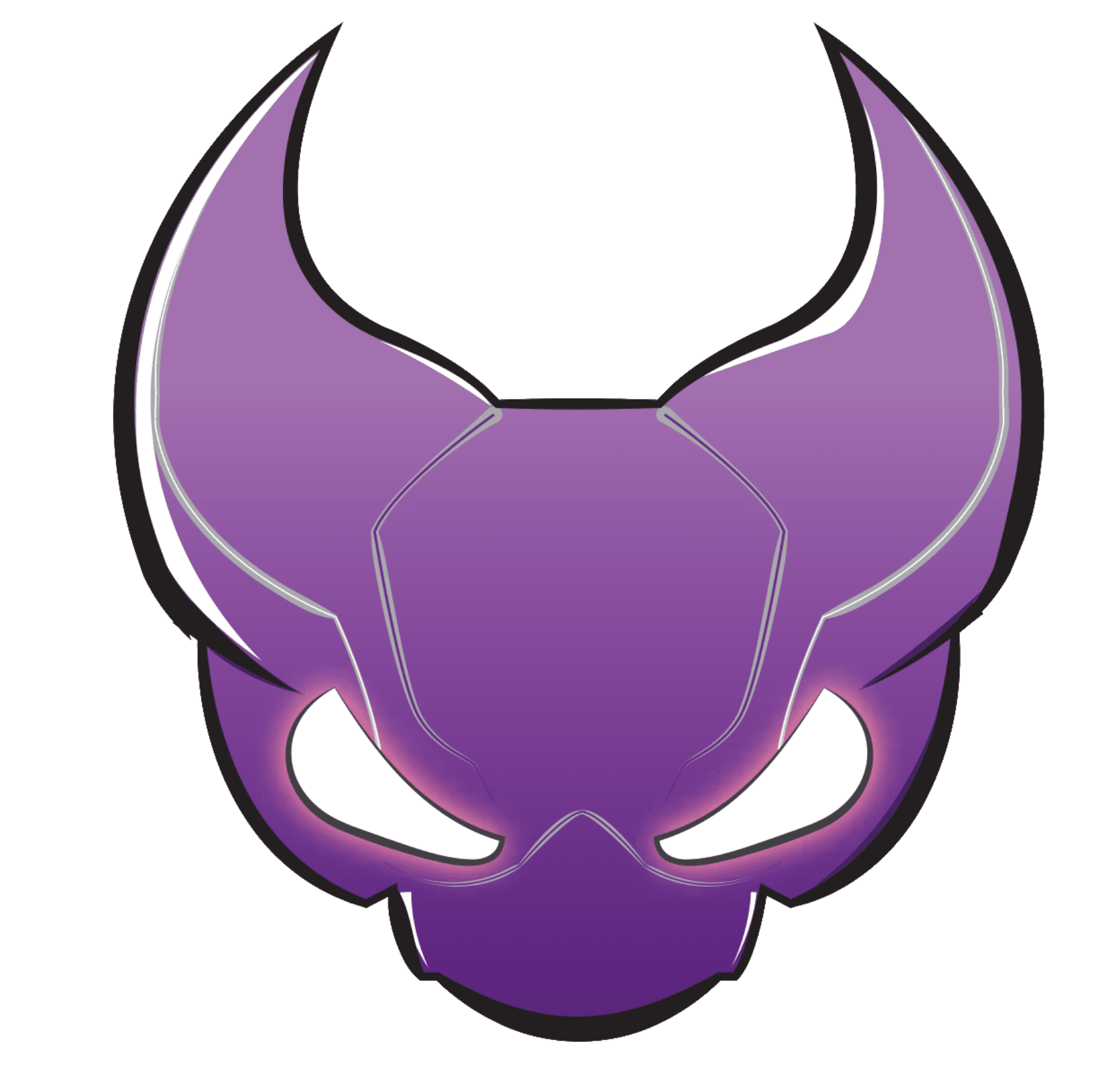A stylized purple dragon head with glowing white eyes on a dark background.