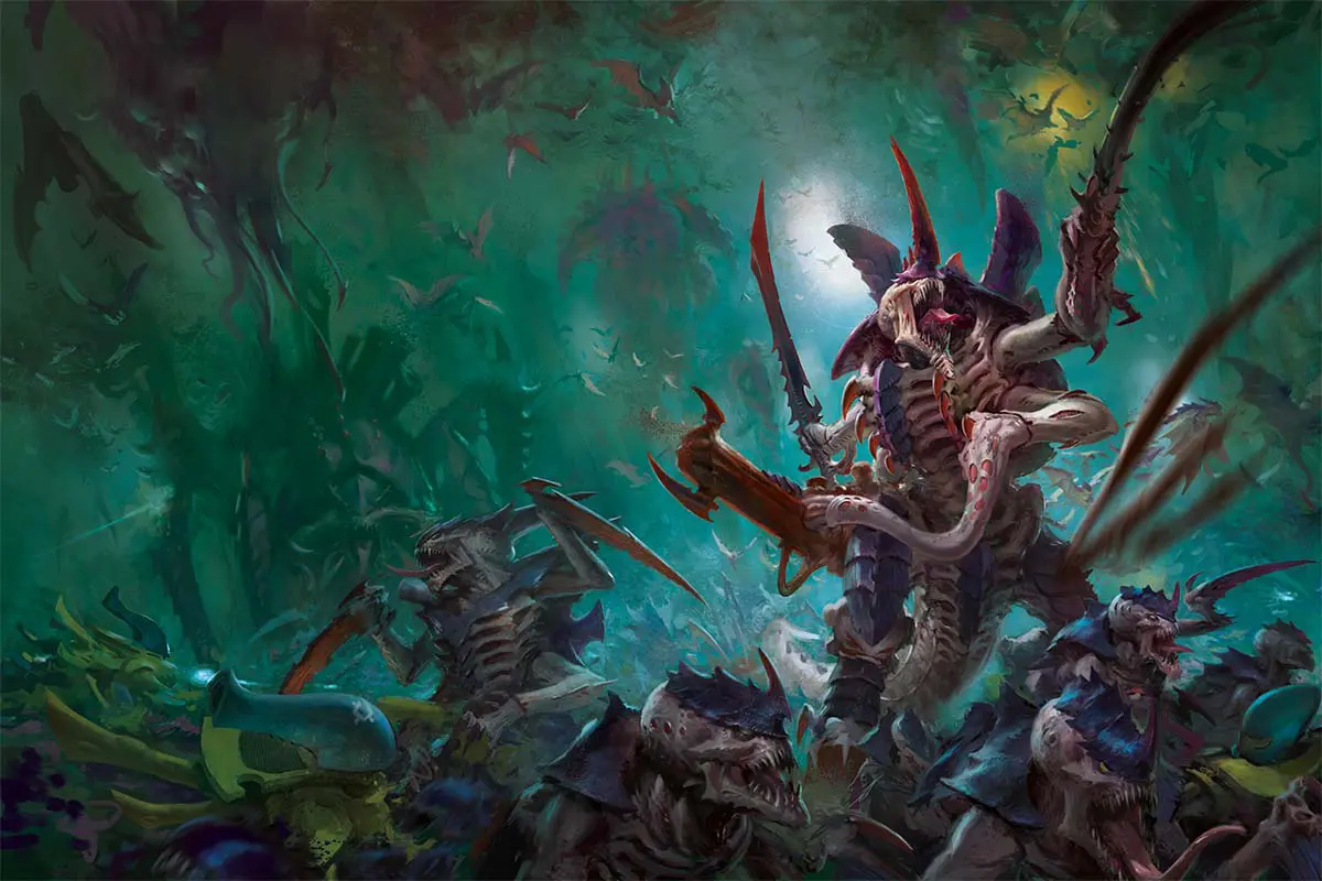 A fierce battle scene featuring monstrous creatures in a dark, mystical forest.