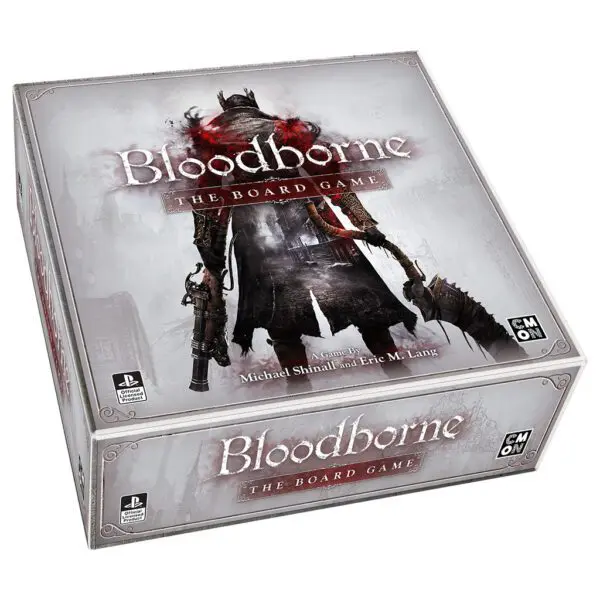 Board game Bloodborne with dark fantasy art and box.