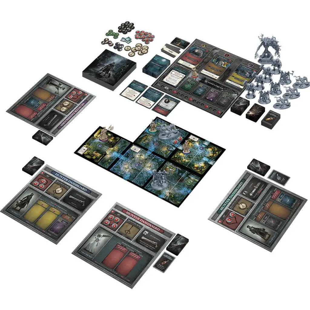 A complex board game setup with cards, tiles, and miniatures.