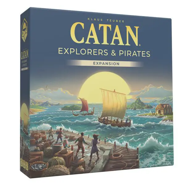 Catan: Explorers & Pirates board game box with sea adventure artwork.
