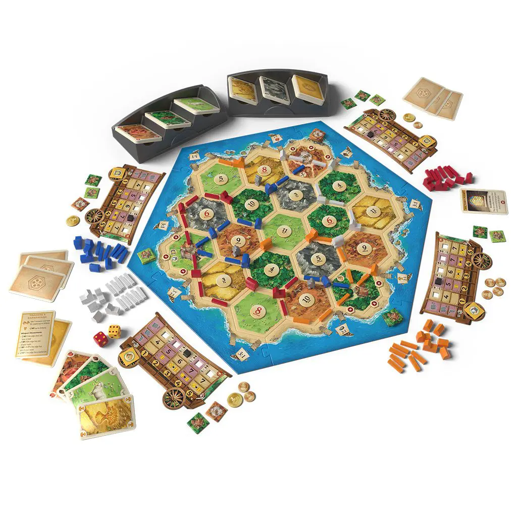 A Settlers of Catan board game setup with hex tiles, cards, and pieces.