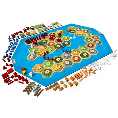 An aerial view of a Settlers of Catan board game setup.