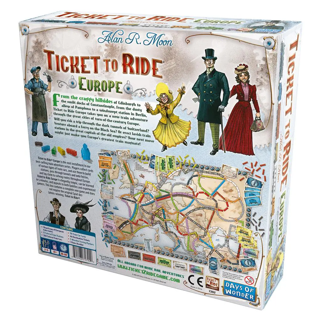 Box of the board game Ticket to Ride: Europe with colorful map and characters.