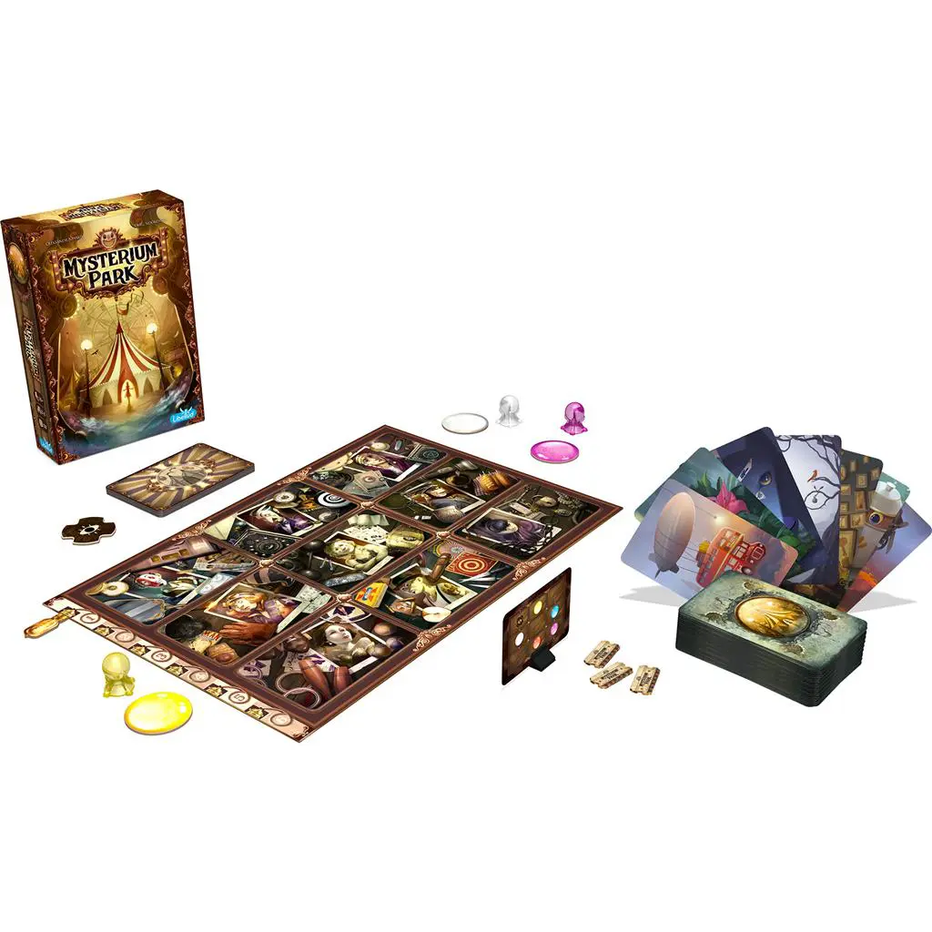 A fantasy-themed board game with cards, tokens, and a detailed game board.
