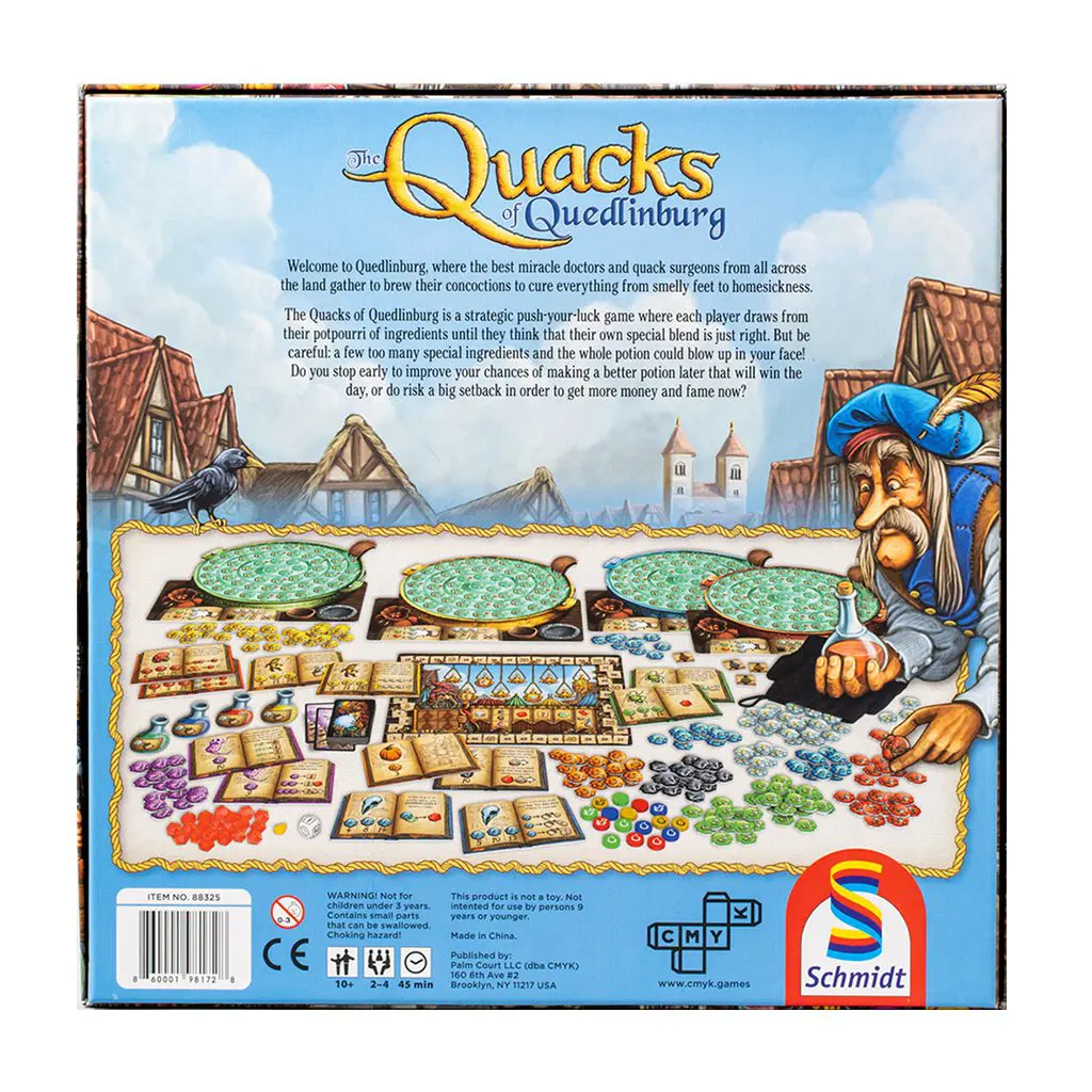 Back of the Quacks of Quedlinburg board game box showing game details and components.