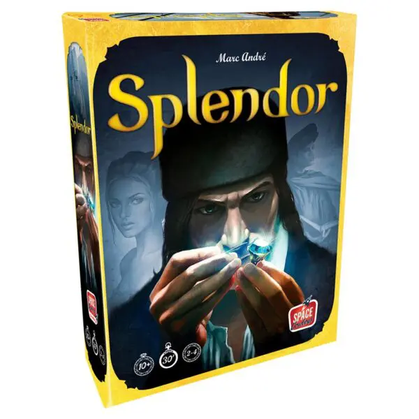 Box of the board game Splendor with a man examining gems.