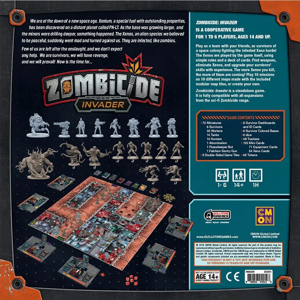Zombie-themed board game with miniatures and modular board pieces.
