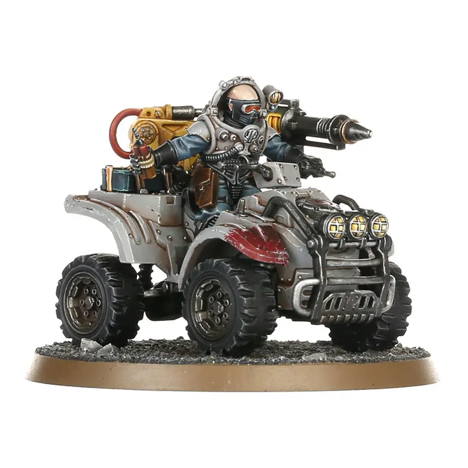 A miniature soldier riding a futuristic quad bike with weapons.