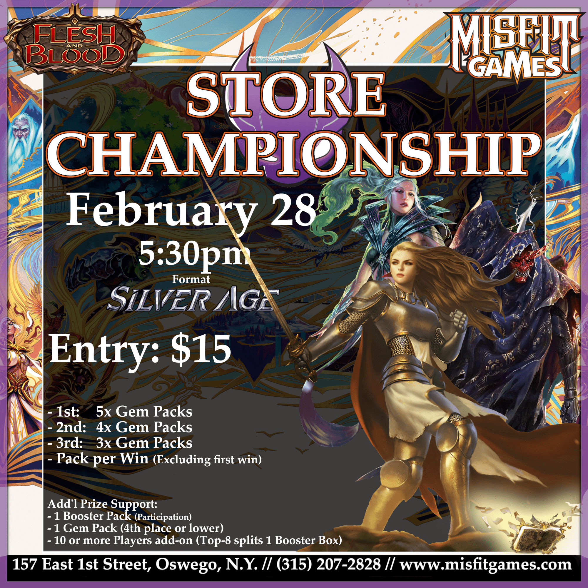 Flyer for Magic: The Gathering store championship event on February 28.
