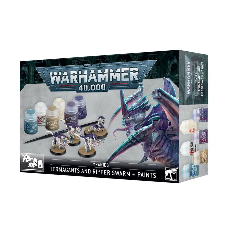 Warhammer 40,000 miniatures painting set with paints and brushes.