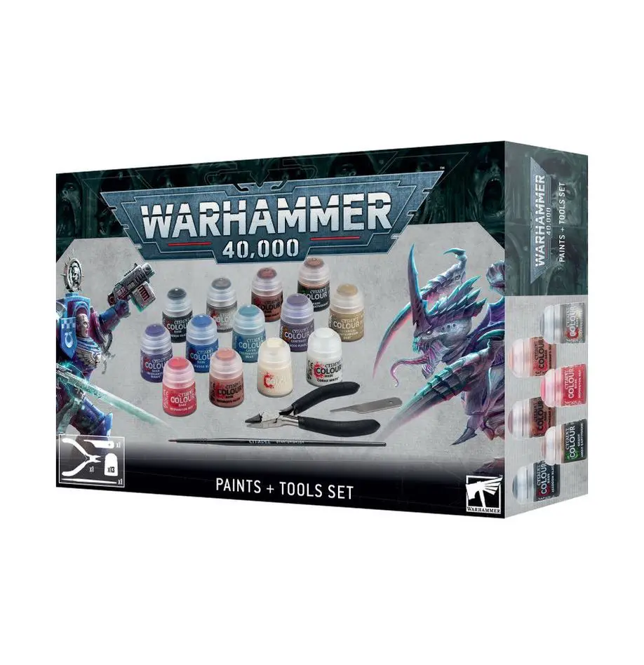 Warhammer 40,000 paint set with miniatures and brushes.