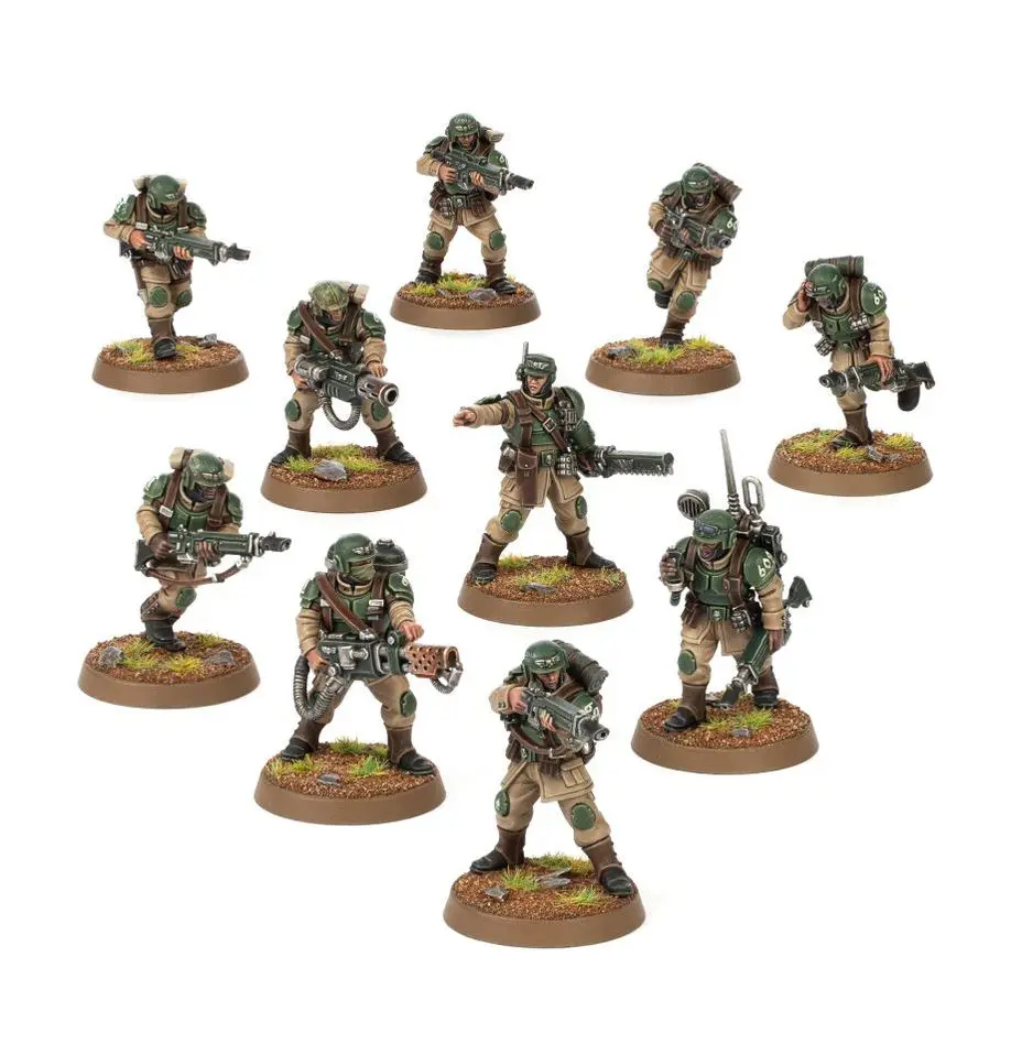 A group of painted miniature soldiers in various poses on round bases.