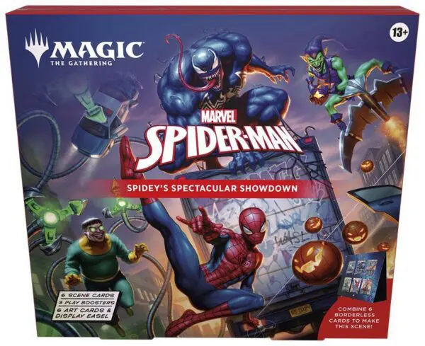 Marvel Spider-Man themed Magic: The Gathering card game box with Spider-Man and villains.