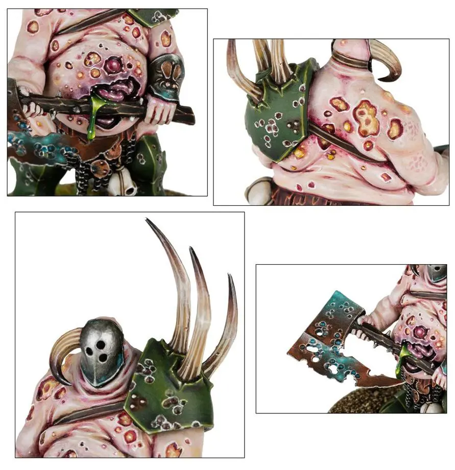 Detailed close-ups of a grotesque, mutated creature with spikes and wounds.