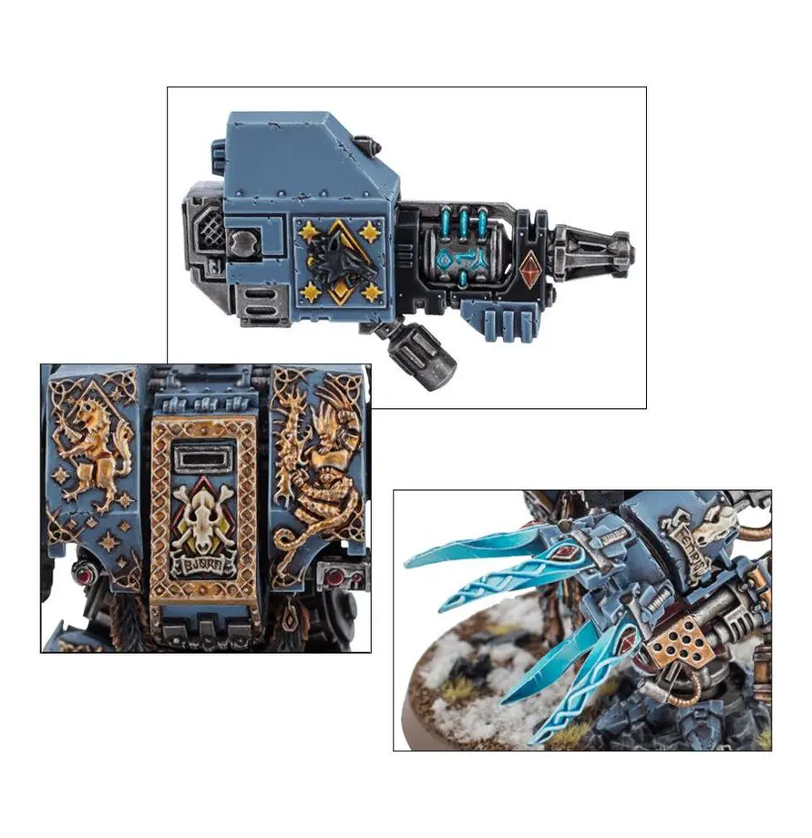 Detailed close-ups of a futuristic armored vehicle model with intricate designs and mechanical parts.