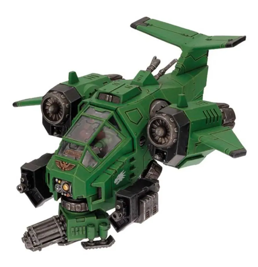 A green futuristic military spaceship with dual engines and heavy weaponry.