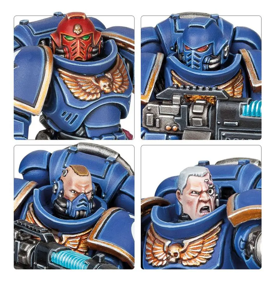 Four detailed Warhammer 40K Space Marine helmets and faces in blue armor.