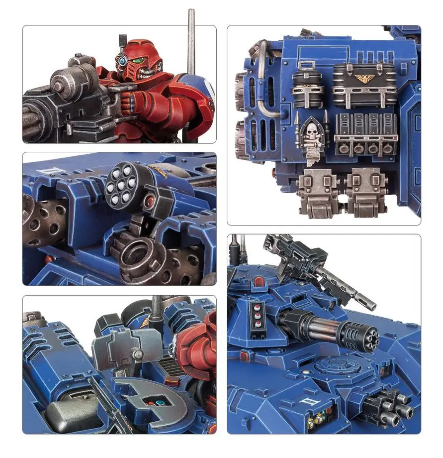 Detailed close-ups of a blue and red mechanical engine model showcasing intricate components.