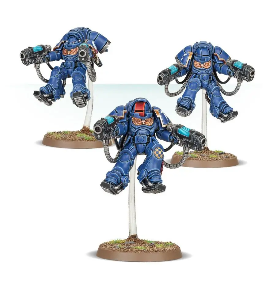 Three blue armored sci-fi soldiers with weapons on bases.