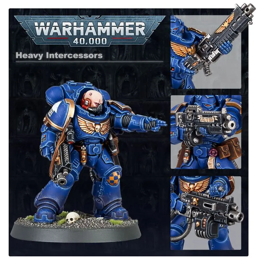 Detailed Warhammer 40K Space Marine Primaris Intercessor model with blue armor and bolt rifle.