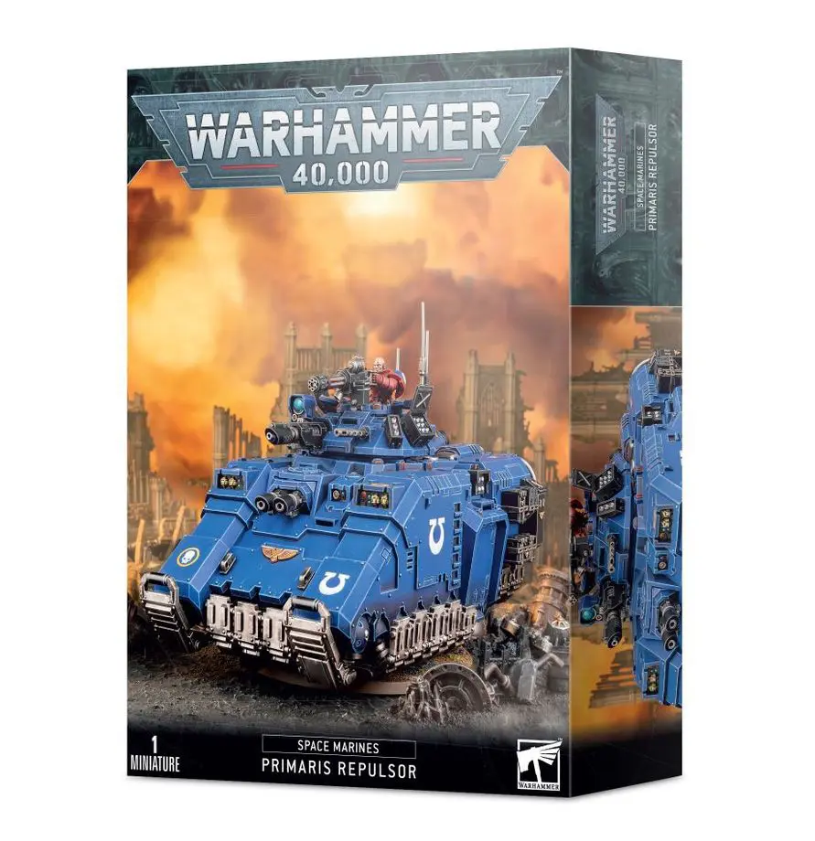Box art of Warhammer 40,000 tabletop game with a blue armored vehicle on the cover.