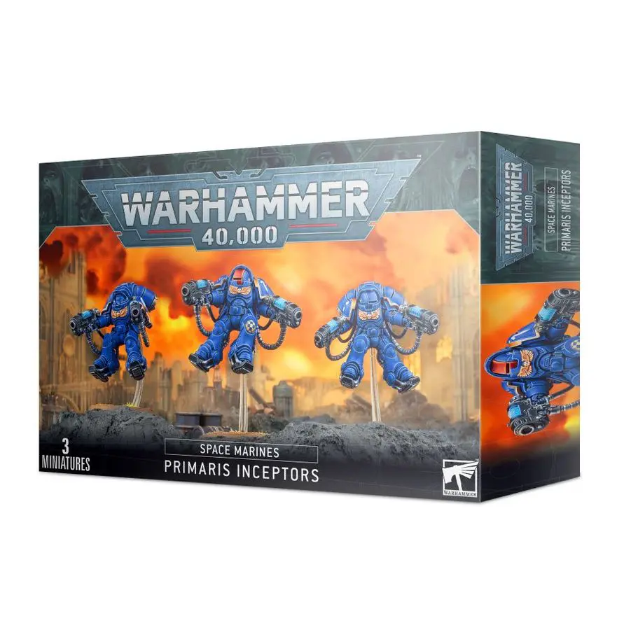 Warhammer 40,000 Space Marines Primaris Intercessors box set with three blue armored figures.