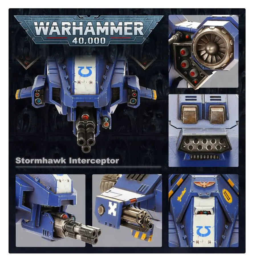 Detailed Warhammer 40,000 Stormhawk Interceptor model with blue and white colors.