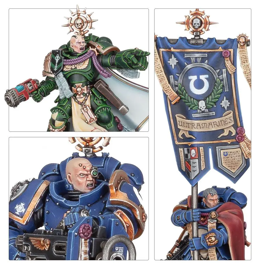 Three detailed Warhammer 40K miniatures in blue and green armor with banners and weapons.