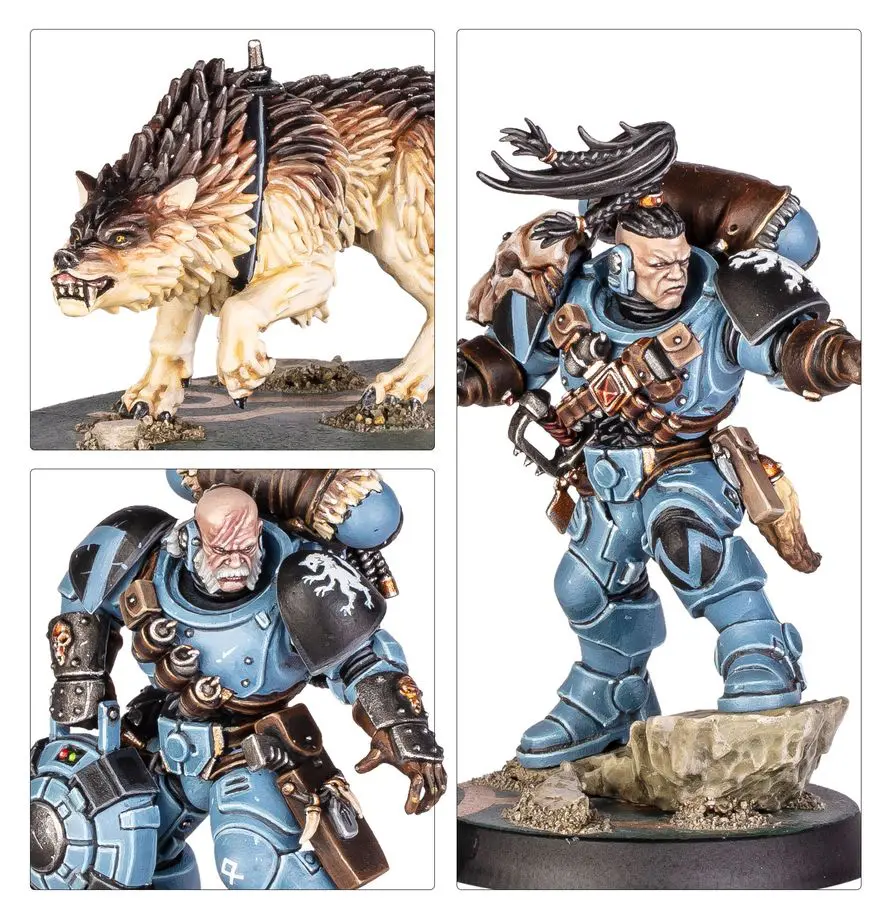Detailed fantasy warrior figurine with wolf companion, clad in blue armor and fur.