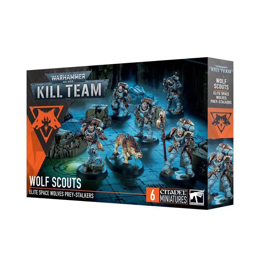 Warhammer 40K Kill Team: Wolf Scouts boxed set with miniatures.