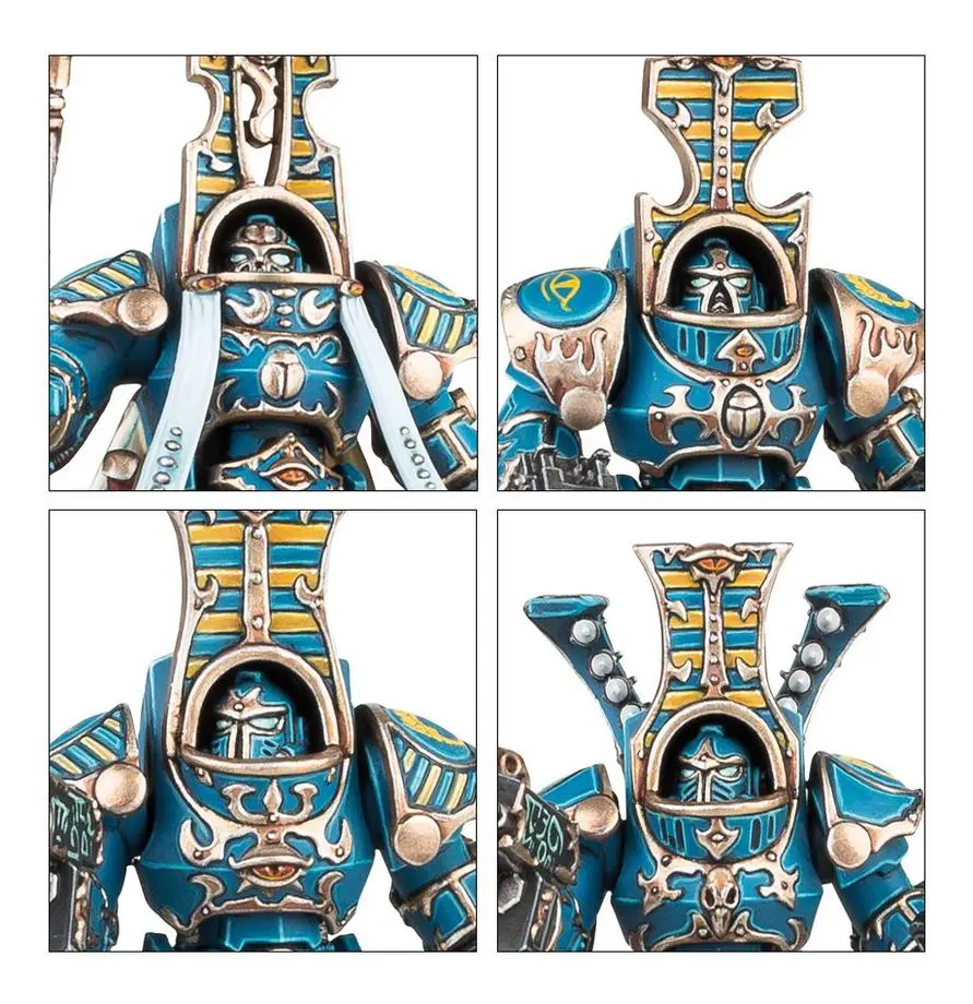 Four views of a detailed, ornate samurai helmet with blue and gold designs.