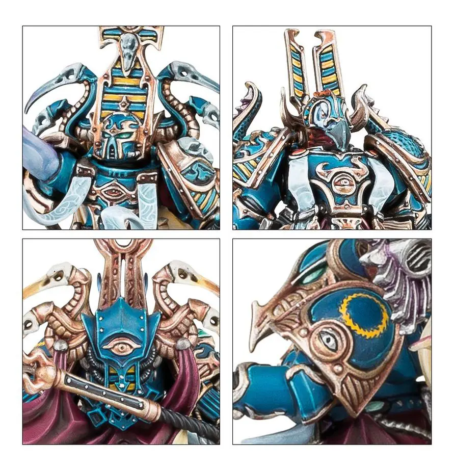 Detailed close-ups of a blue and gold robot figure with intricate designs.