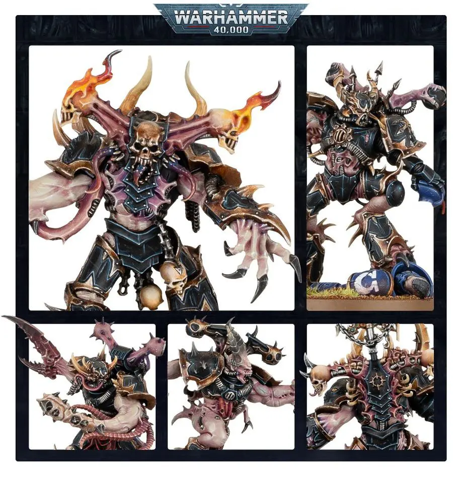 Warhammer Chaos Space Marine miniature with fiery weapons and detailed armor.