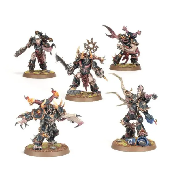 Five detailed fantasy warrior miniatures painted with vibrant colors and intricate designs.