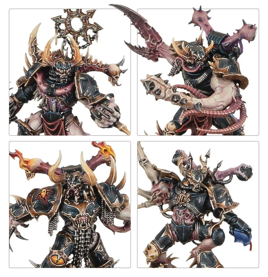 Four intricately detailed fantasy warrior miniatures with spiked armor and weapons.