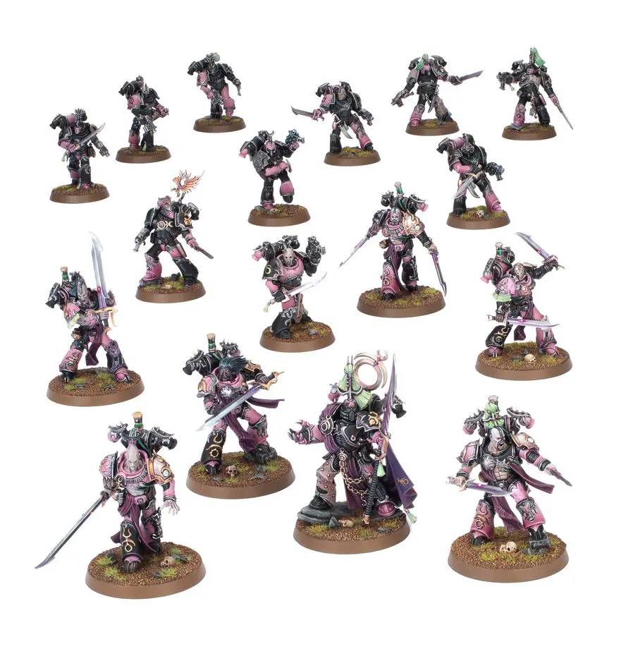 A collection of intricately painted miniature warriors in battle poses.
