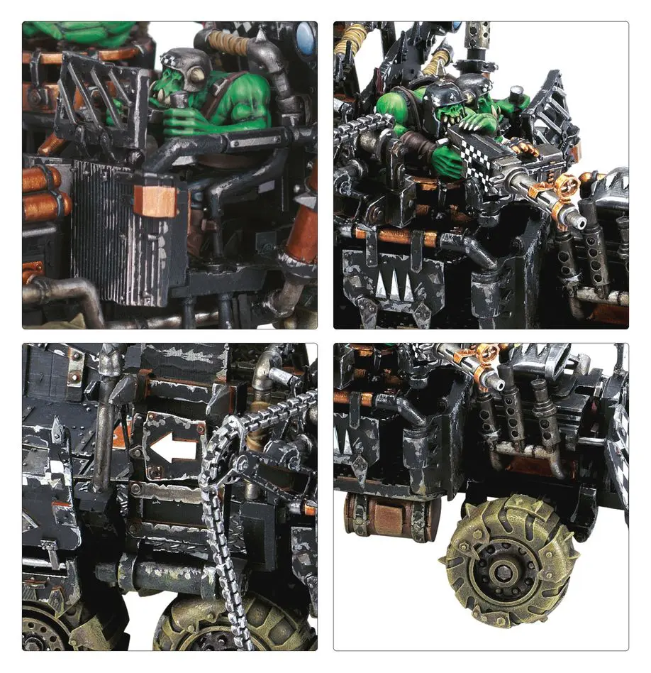 Detailed close-ups of a rugged, heavily armored vehicle with mechanical parts and tracks.