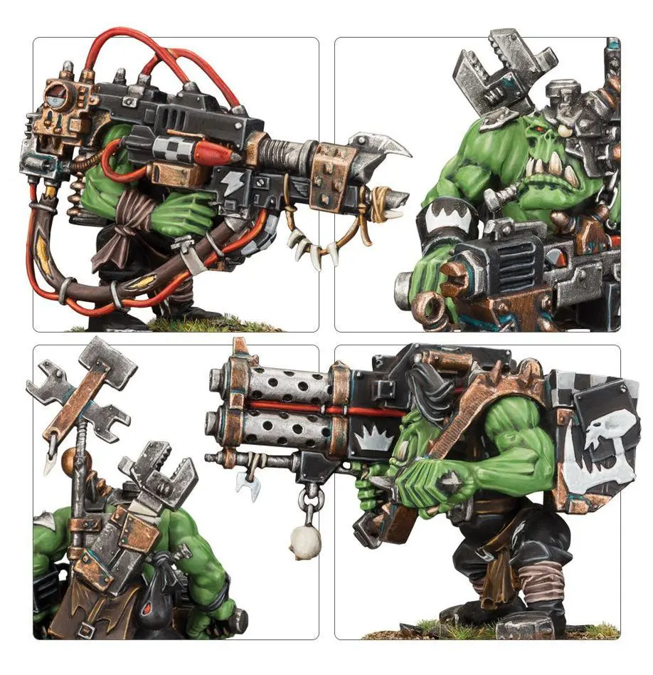 Four detailed illustrations of a green-skinned ork with a large mechanical gun.