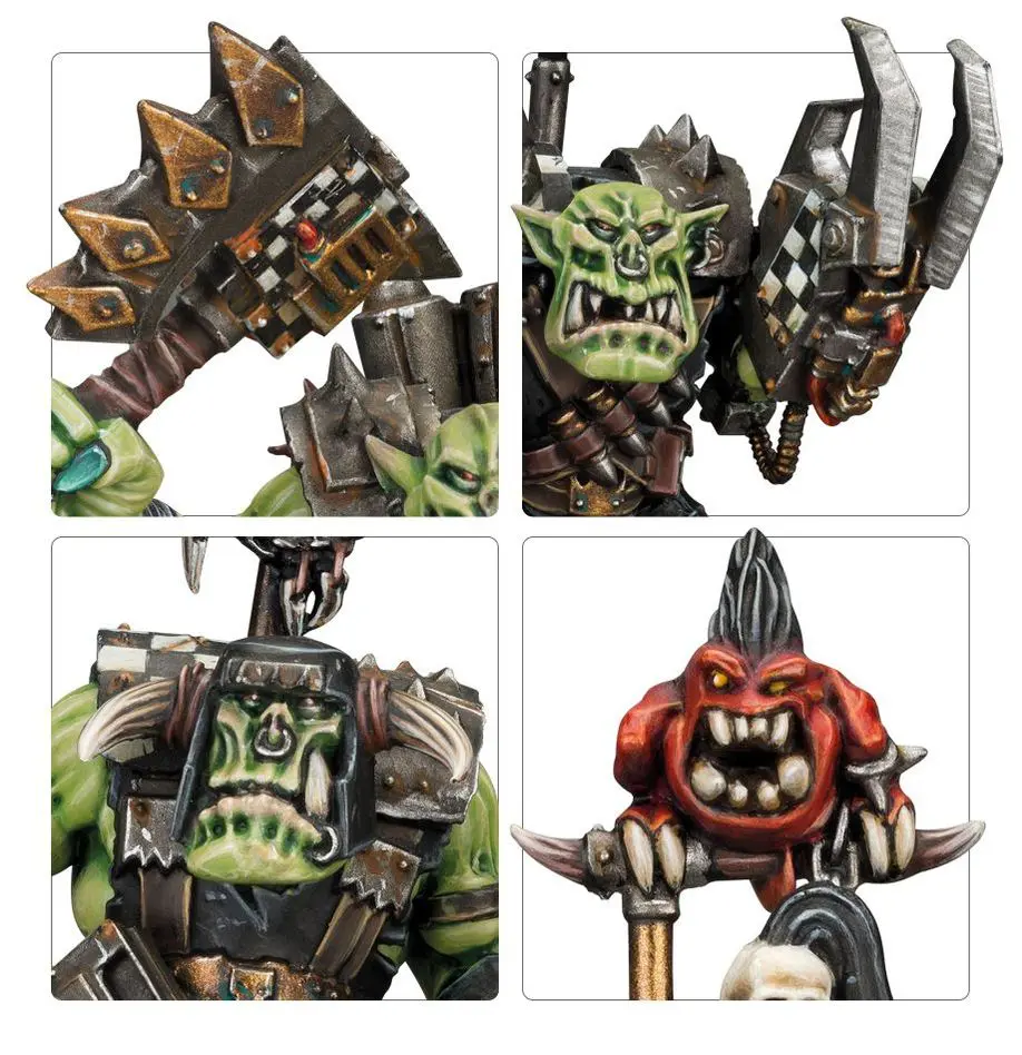 Four detailed fantasy orc miniatures with distinct armor and weapons.